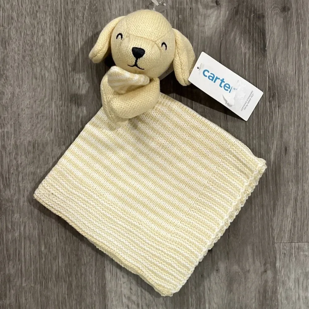 Carters KNIT Puppy Dog Baby Lovey Blanket Yellow White Stripes Carter’s Gift